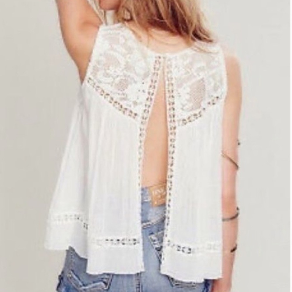 Free People White Lace Open-Back Tank Top Size Small